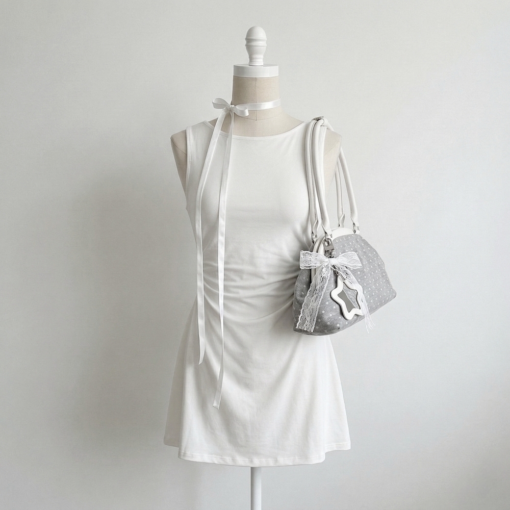 H&M Gathered White Dress with Flared Skirt